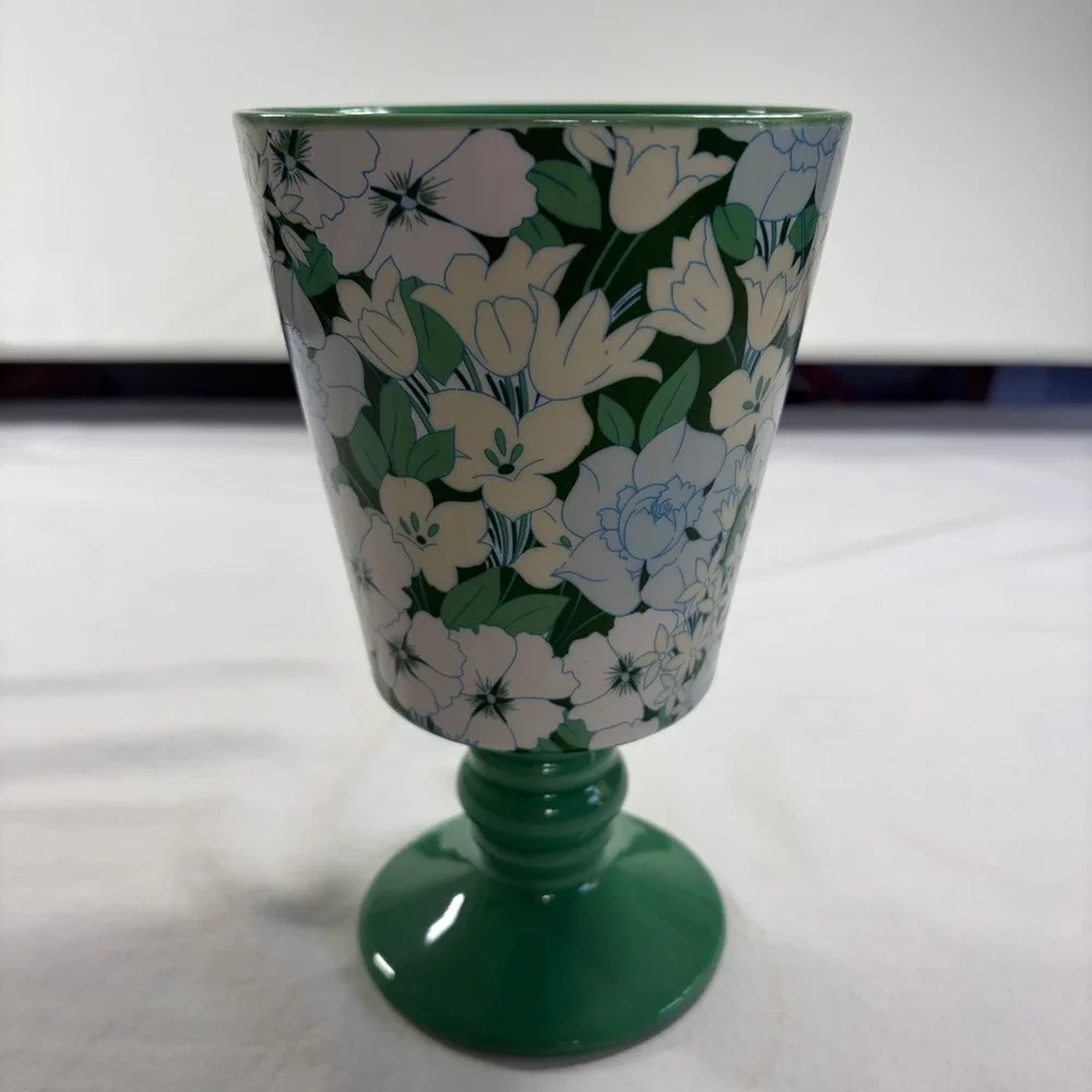 Anthropologie Floral Ceramic Goblet Green White Blue Pedestal Cup Vase